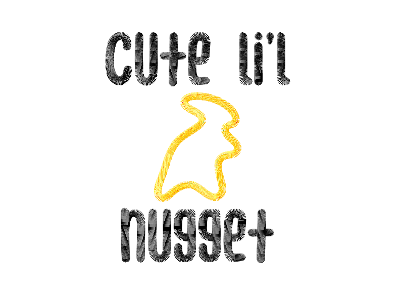 "Cute li'l nugget" around a dinosaur nugget.