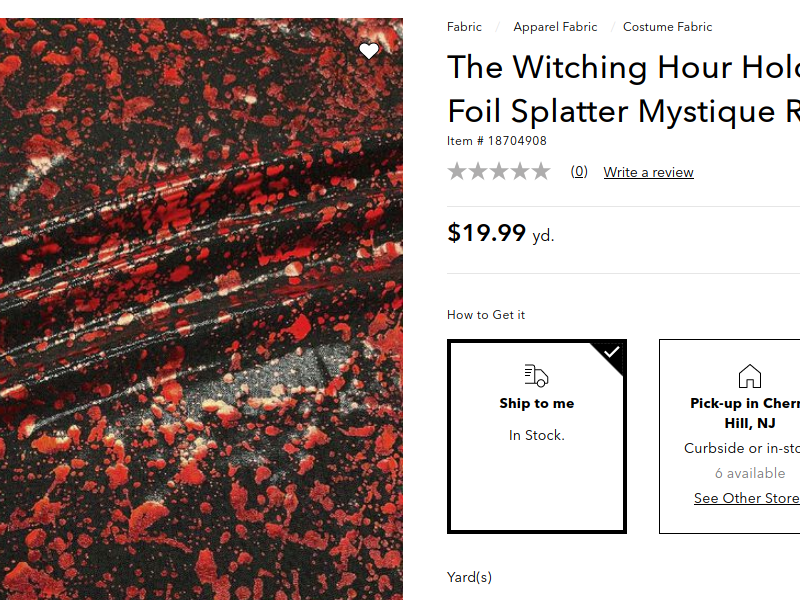 JoAnn's listing for holographic "splatter" fabric