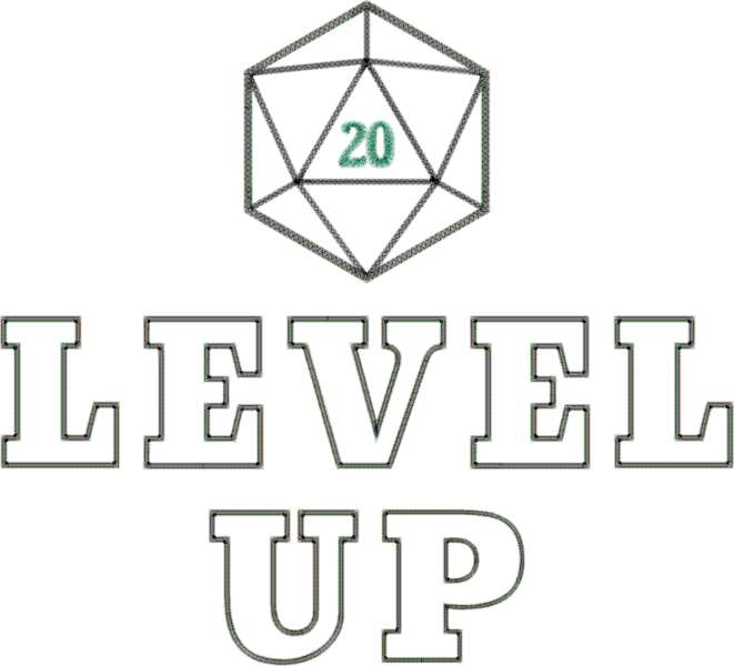 Design preview of a D20 and the words LEVEL UP