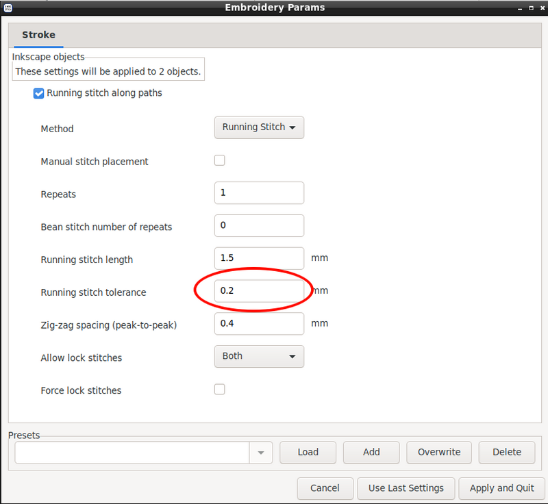 Running stitch tolerance on the Params dialog