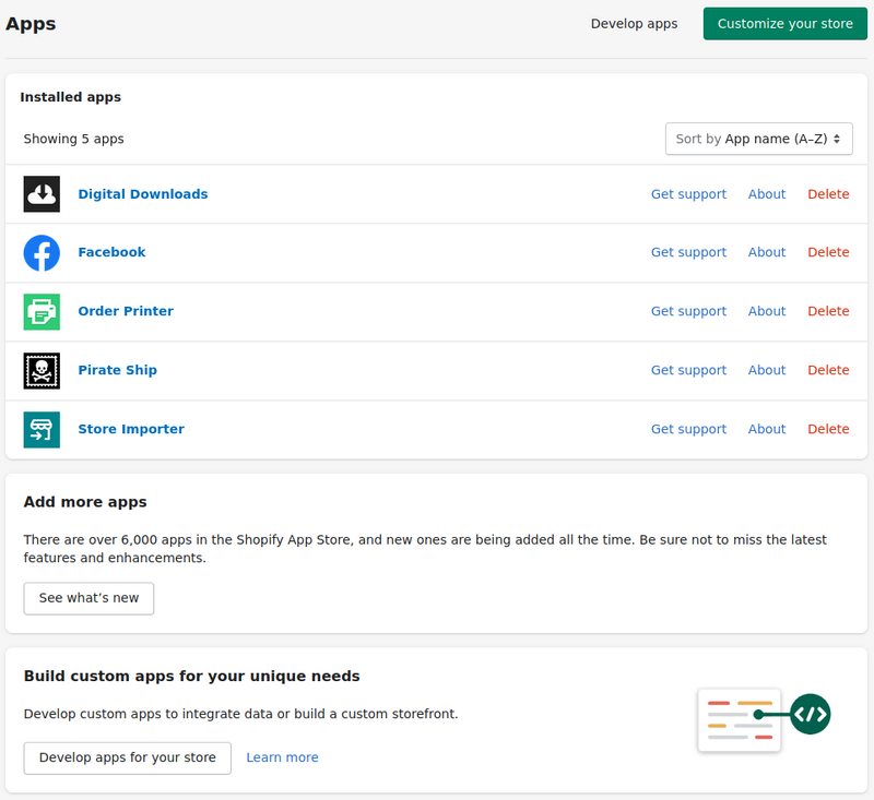 Five Shopify apps: Digital Downloads, Facebook, Order Printer, Pirate Ship, and Store Importer