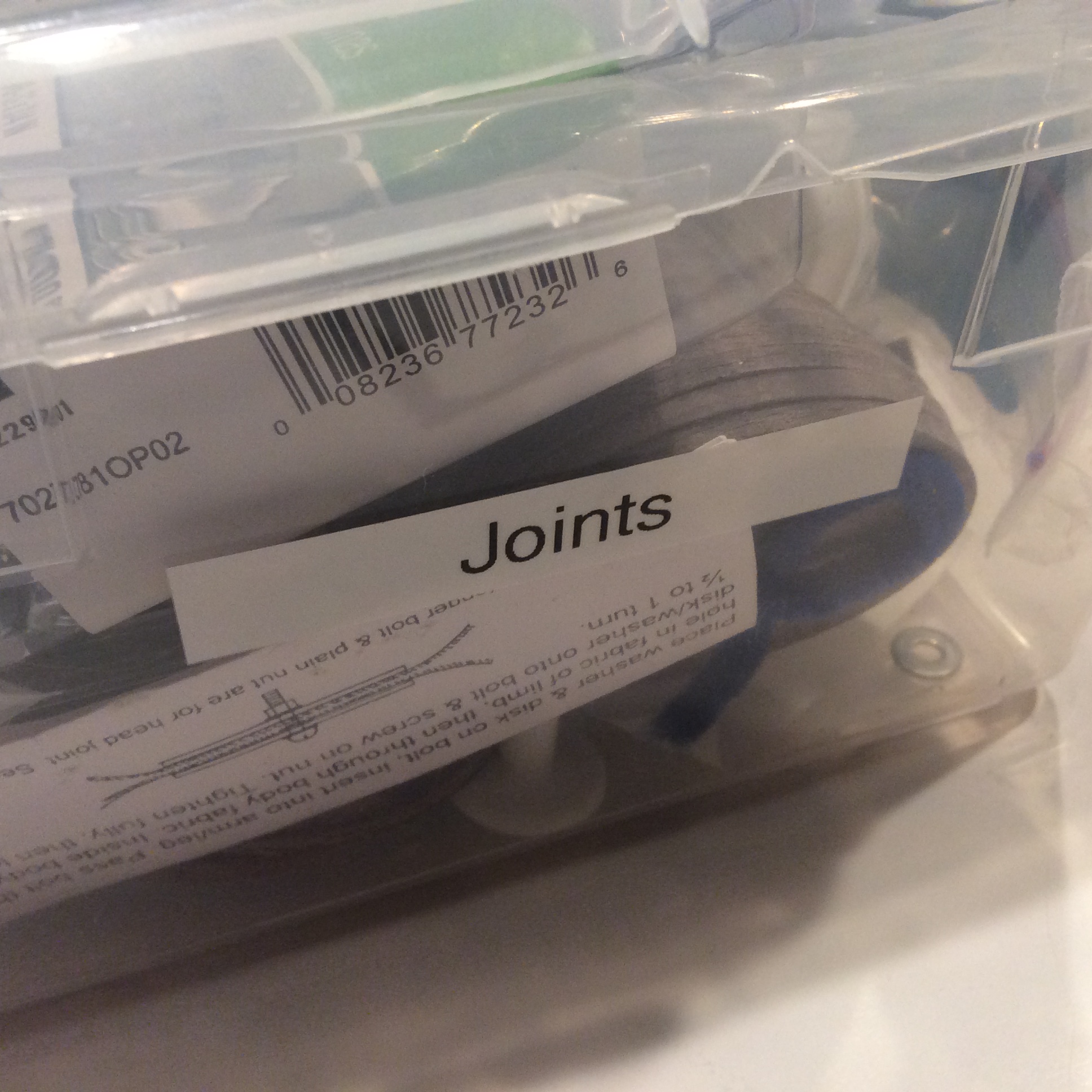 Shoebox labeled "Joints" containing doll/bear joints.