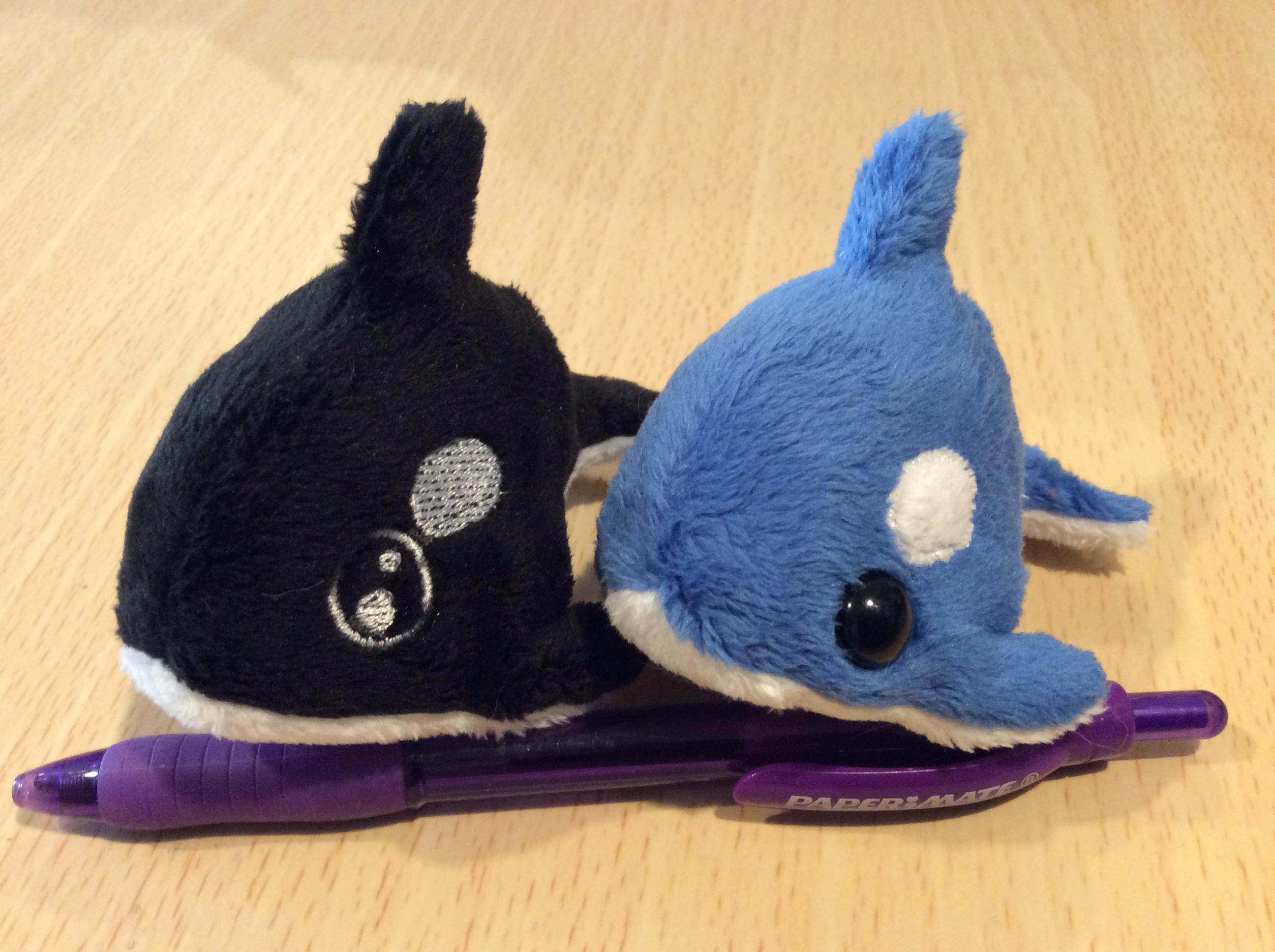 A pair of tiny plush killer whales, with a pen for scale.